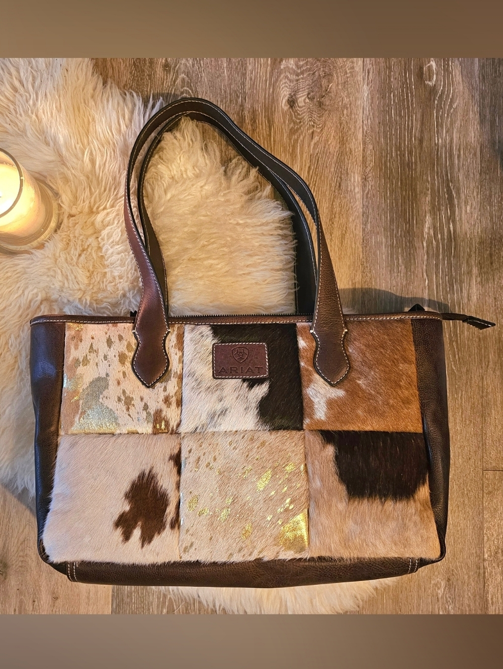 Ariat Patchwork Cowhide Tote Bag in Brown Multicolor NWOT